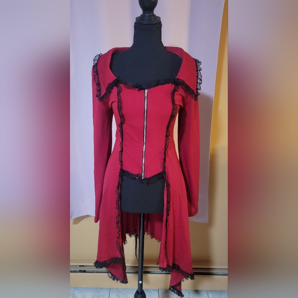 Gothic Red Women's Top with Black Lace Trim and Lace Up Back